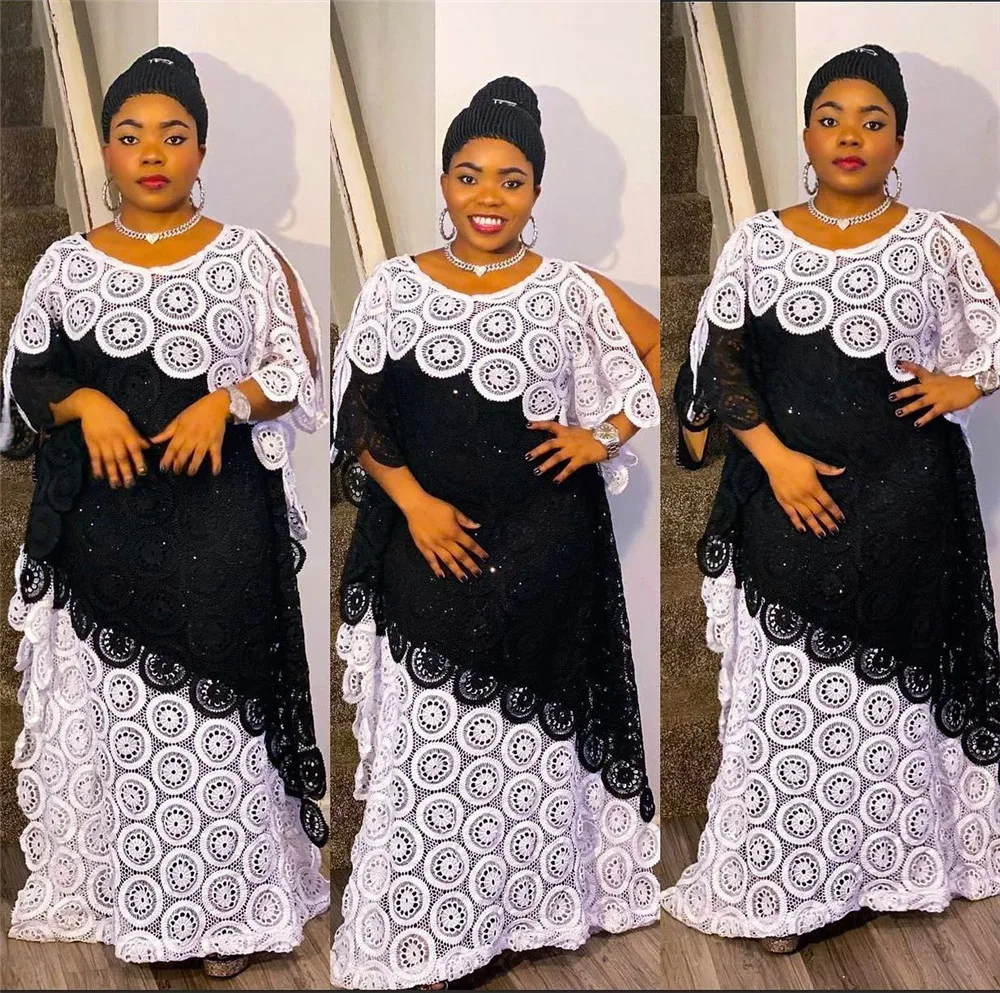 

African Women's Plus-size Embroidered Lace Matching Color Loose Bat-sleeve Robe Long Dress 2006#