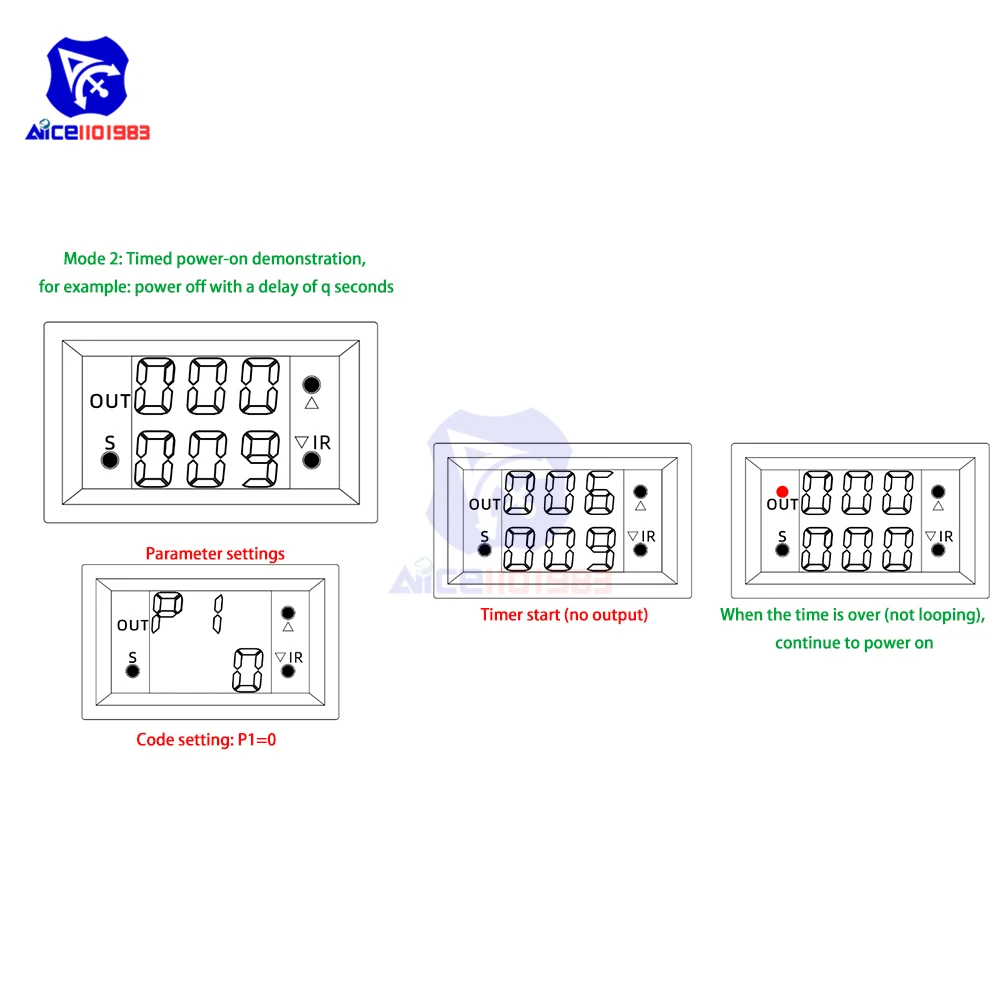 T2401-O/N DC 12V Zeitrelais-Modul mit Verzögerung, Dual-Display Digital-Zeitrelais, Direkt-/Passiv-Ausgang, Mini-LED-Digital-Timer – Detail 10