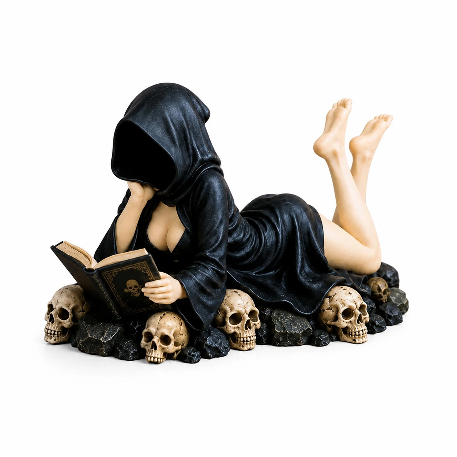 Gothic Dark Fantasy Figure Hooded Resin Grim Reaper Sculpture Robe Man Reading Statue for Bookshelf Desktop Halloween Decor
