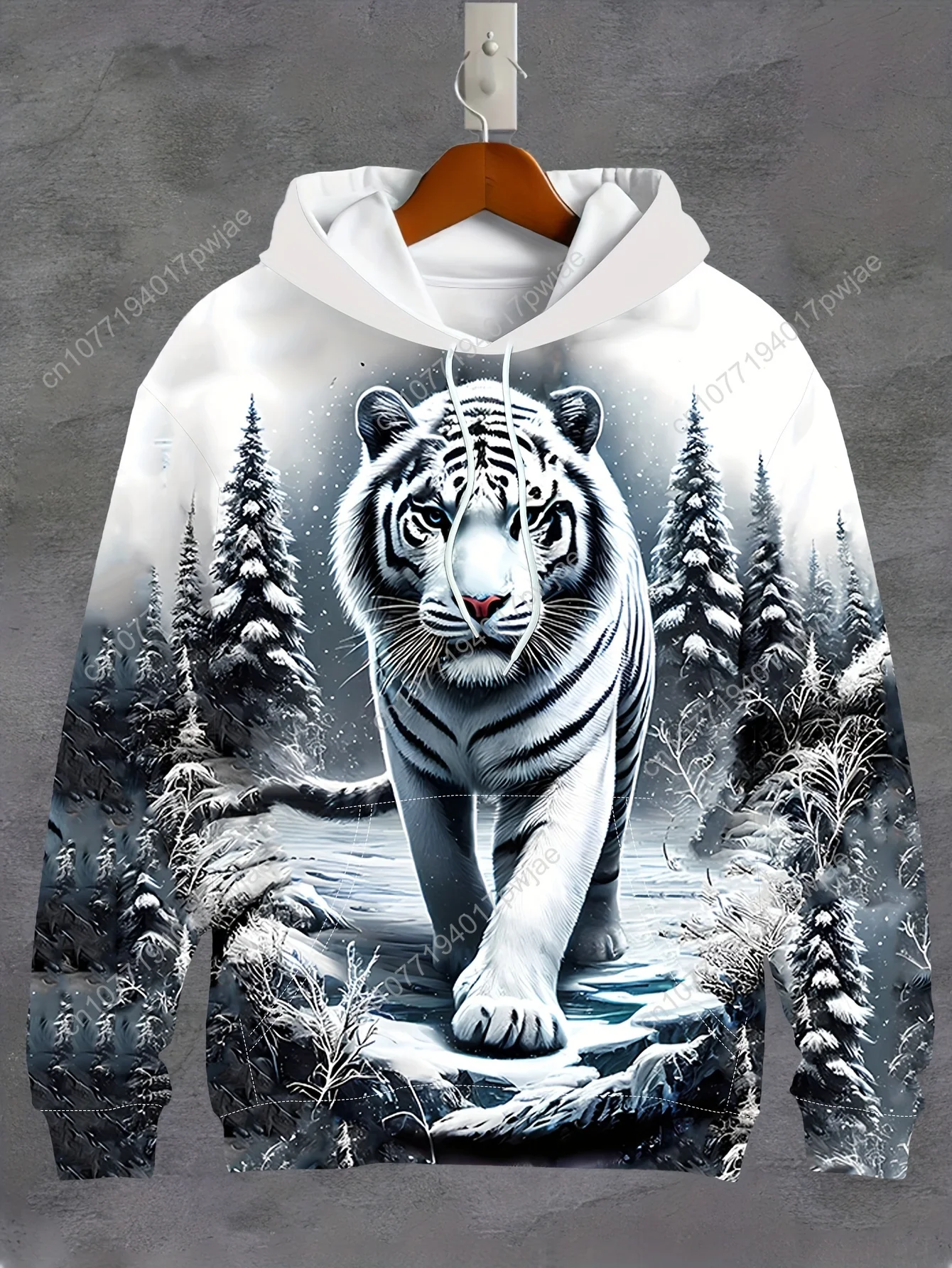 Men's 3D Ice Snow World White Tiger Graphic Hoodie - Long Sleeve Casual Pullover with Drawstring Pocket, Winter Forest Print S