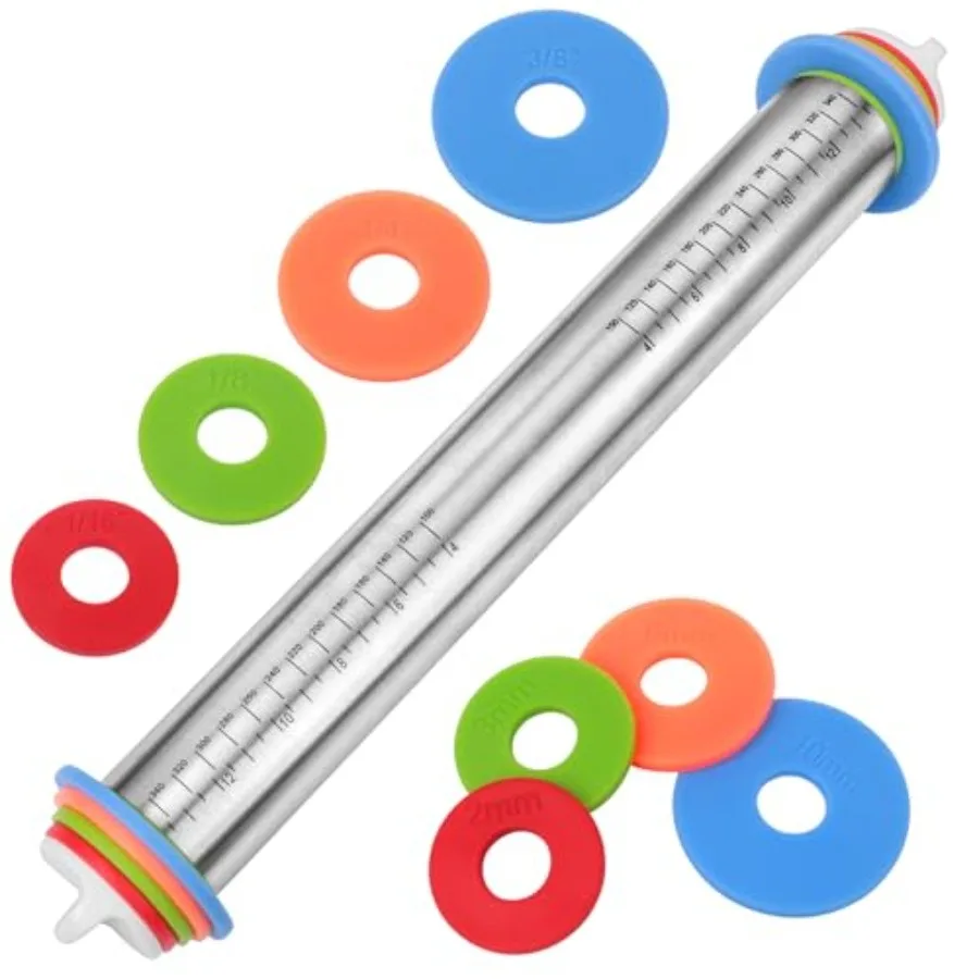 

Adjustable Rolling Pin with Thickness Rings for Baking, Stainless Steel Designs Dough Roller Pins for Cookie Decorating Baking
