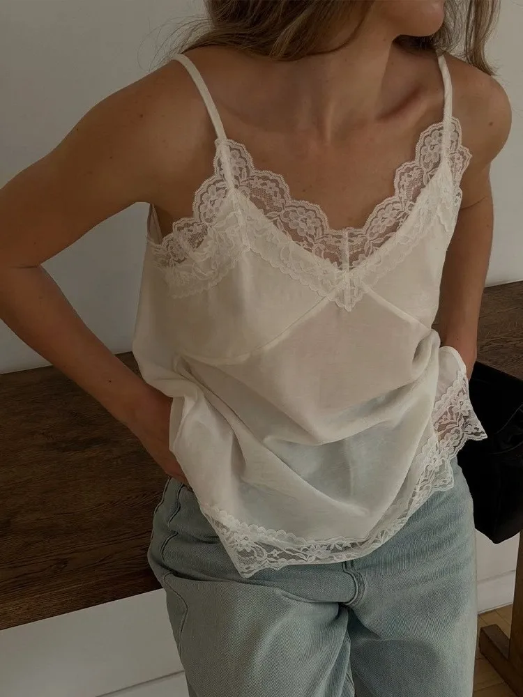 Sexy V-neck Lace Trim Camisole Top Transparent Floral  Strap Women's Vest Inner Wear Thin Ultra Short Pure Color