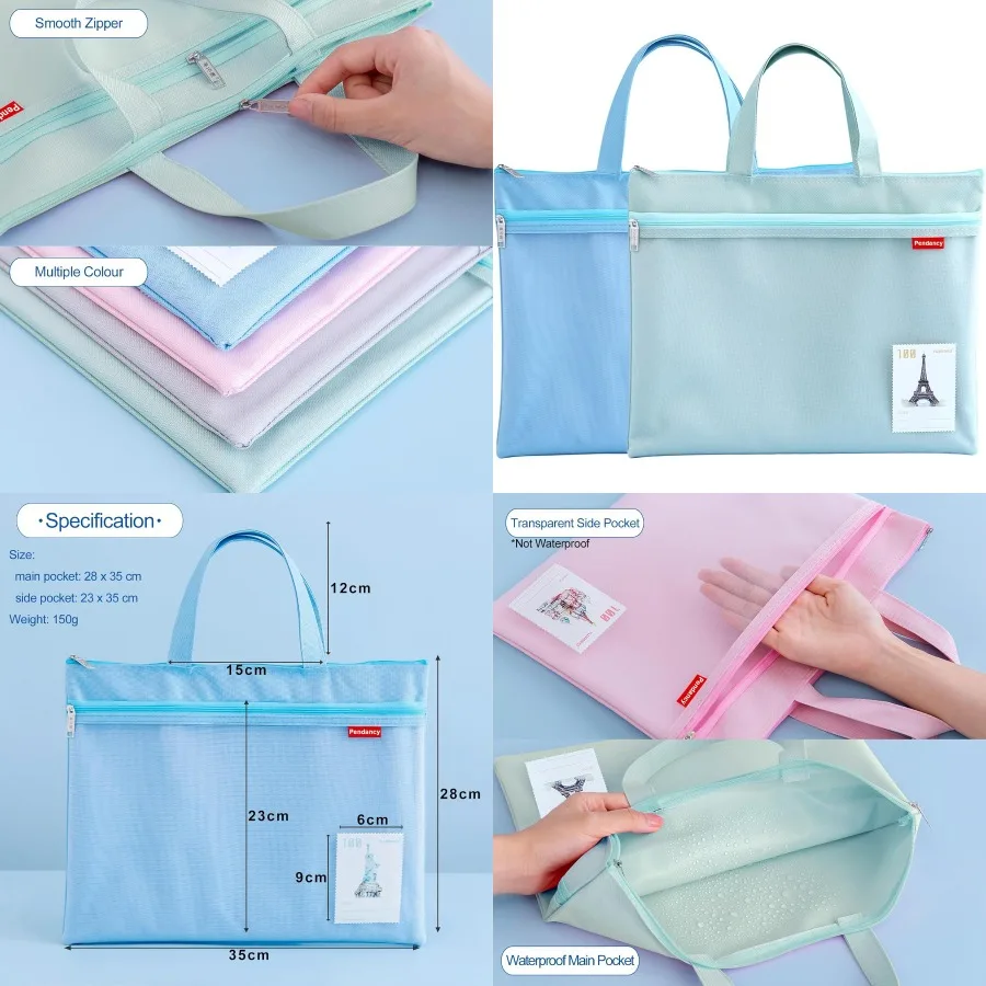 Custodia con cerniera in rete pendente 11x13,7 in 2 pezzi Borsa per documenti impermeabile con doppia tasca grande con manico Formato A4 Pieghevole per documenti Stora