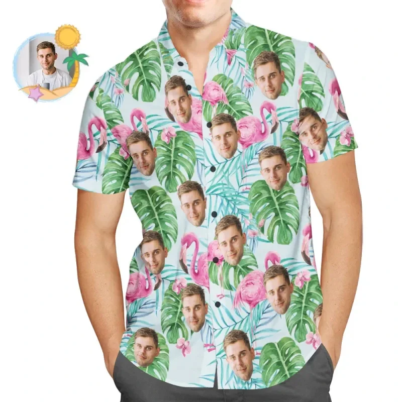 

Funny Flamingo Custom Image Graphic Shirts For Men Hawaii DIY Photo 3D Print Female Lapel Blouse Personalized Customize Design