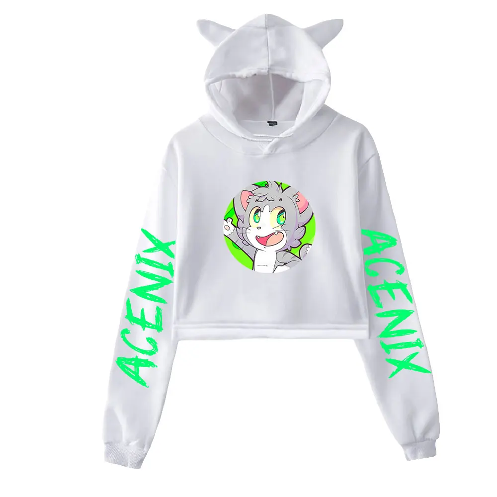 Acenix merch gato cortado hoodies feminino/menina com capuz colheita topos solto moletom com capuz