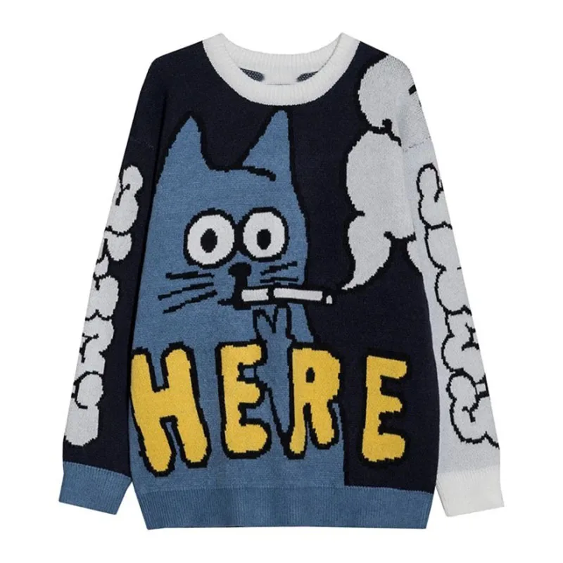 

Y2k Harajuku Cartoon Cat Pattern Printed Sweater Women's Autumn and Winter Women's Retro Fashion Men's Oversized Pullover Knit