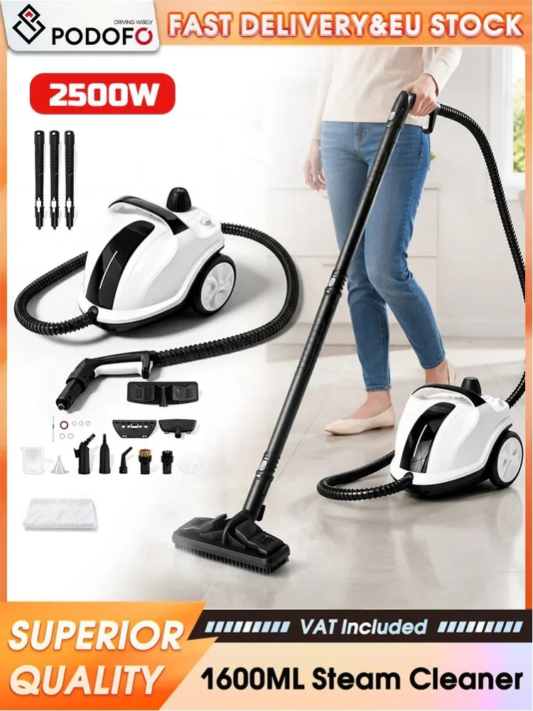 Podofo 2000W Hochleistungs-Dampfreiniger 5 Bar Hochdruck 2,0L Edelstahlkessel Chemikalienfreier Boden-Dampfreiniger Komplettes Zubehörset für Fliesen, Fugen, Fenster, Polster,