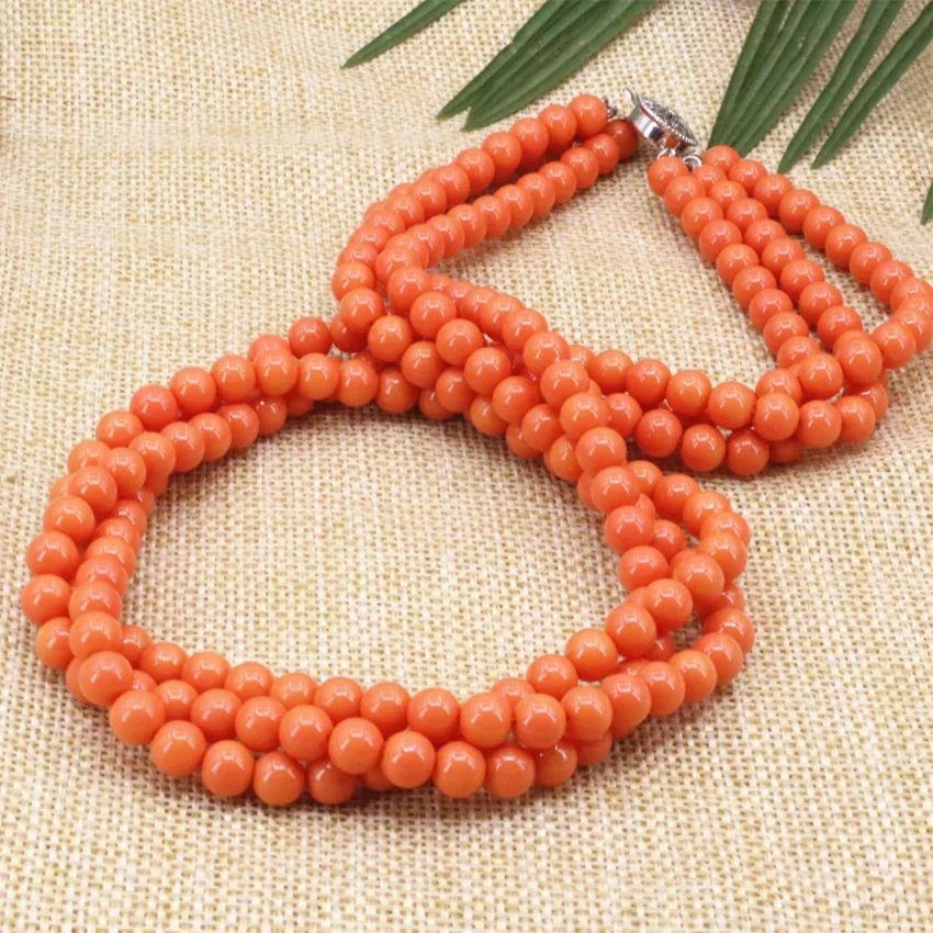 3 Circle Necklace Winding Chain Necklace for Women 6mm Orange Artificial Coral Round Beads High Quality Gifts Jewelry 18inch B3