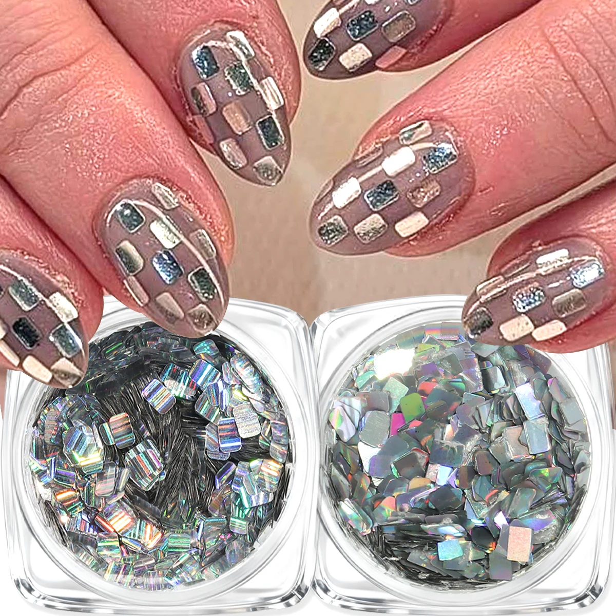 Lantejoulas holográficas 3D prateadas mini quadradas para unhas, lantejoulas laser quadradas para unhas, suprimentos DIY para salão de unhas, decoração de unhas