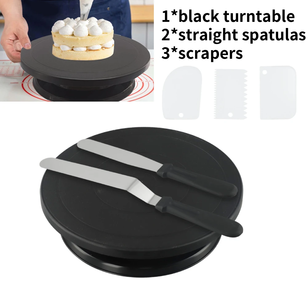Cake Turntable 360-degree Rotating Turntable Black Turntable With Straight Spatulas Scrapers Kitchen Baking Tools Accessories