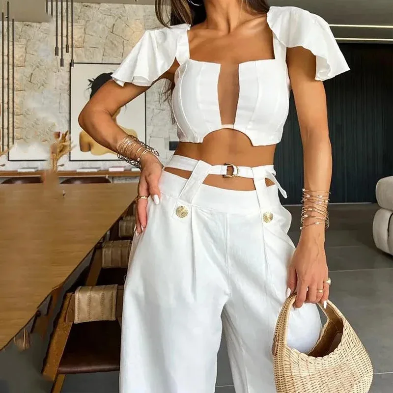 Crop Top & Cuffed Pants Set Women Vest Wide Leg Pant Sets Two Piece Suit Single Breasted High Waist Elegant Trousers Suits