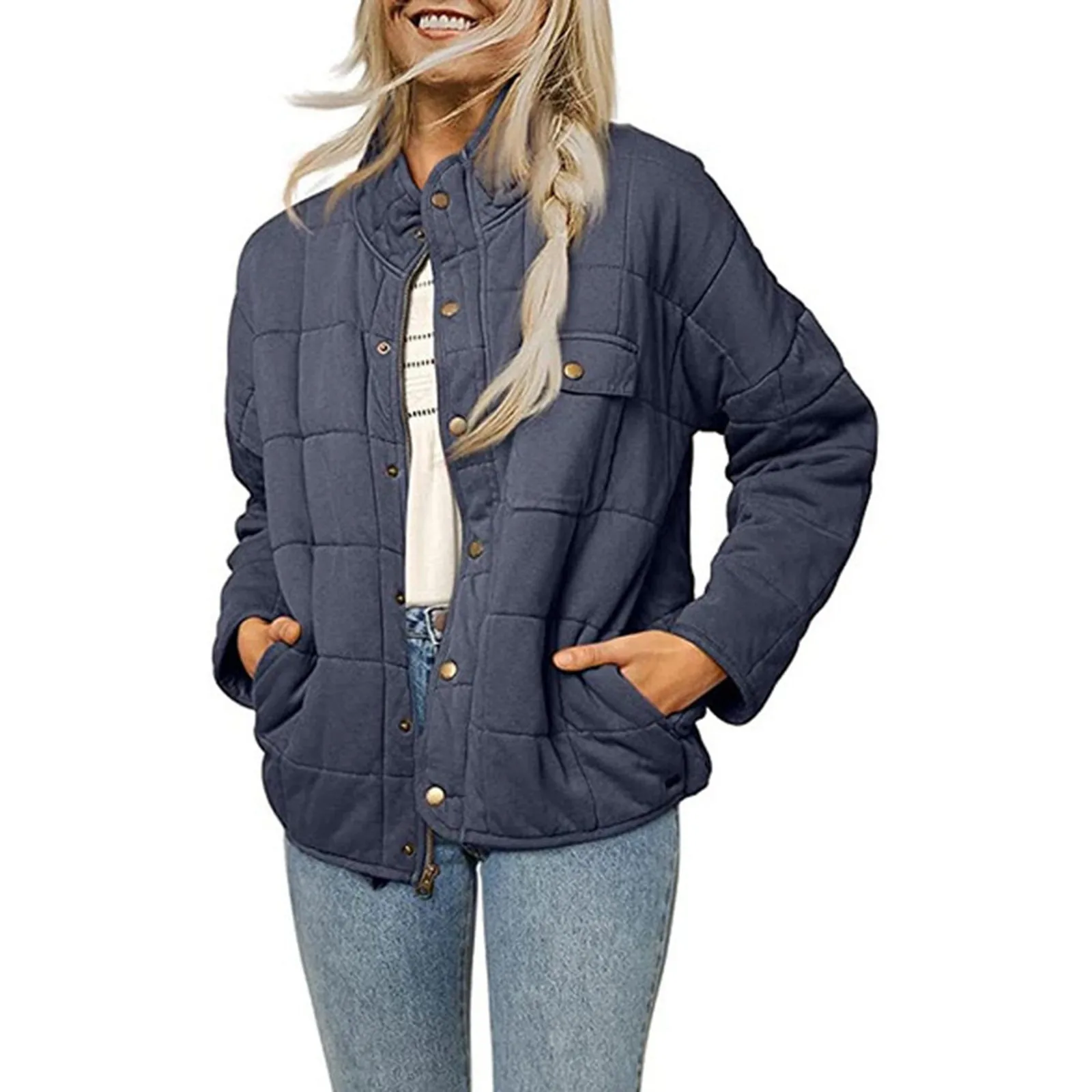 Chaqueta gruesa de cuello alto para mujer, prendas de vestir holgadas con bolsillos, Tops térmicos informales, invierno, 2024