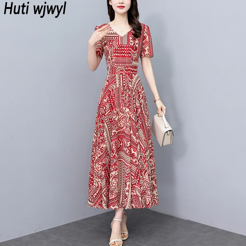 2025 Vintage Stampa Rosso Boho Midi Vestito Estivo Elegante Donna Aderente Party Night Abito Lungo di Lusso Coreano Casual Abito Floreale in Chiffon