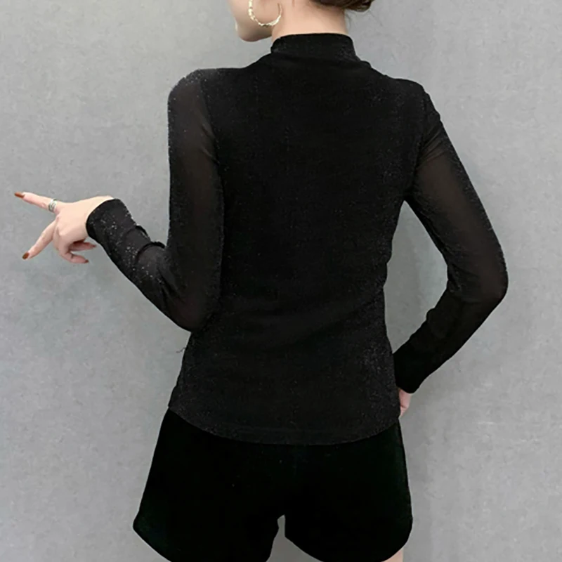 French Fake 2 Piece Women's Top Elegant Half Turtleneck Mesh Long Sleeve Blouse Autumn Sheer See Through Shiny Glitter T-shirt