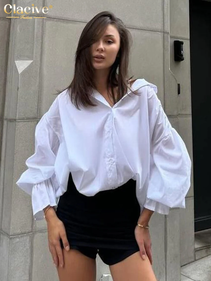 Clacive Fashion Loose White Cotton Women\'s Shirt 2025 Casual Lapel Long Sleeve Blouse Elegant Classic Solid Top Female Clothing