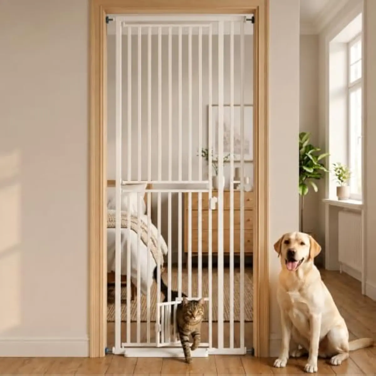 Extra tall 78.7 inch pressure mount pet gate with integrated cat door, adjustable 27.5 to 37.4 inch width, 1.5 inch narrow bar s