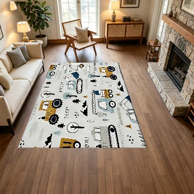 Cartoon Construction Vehicle Kids Rug Excavator Crane Printed Carpet Floor Non-Slip Play Mat Suitable for Boys Bedroom