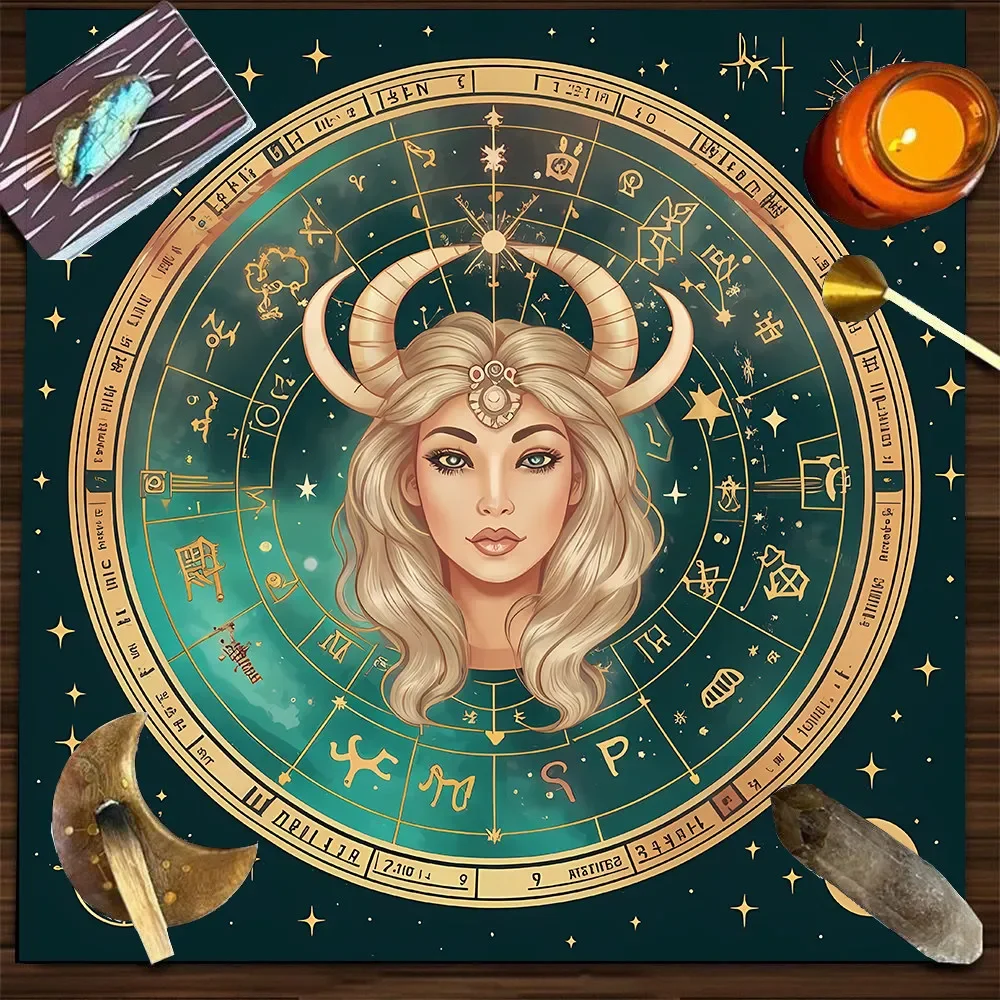 VIKAMA Taurus Zodiac Wheel Gold Astrology Tarot Tablecloth Mystical Occult Altar Cloth Divination Mat Durable Home Decor