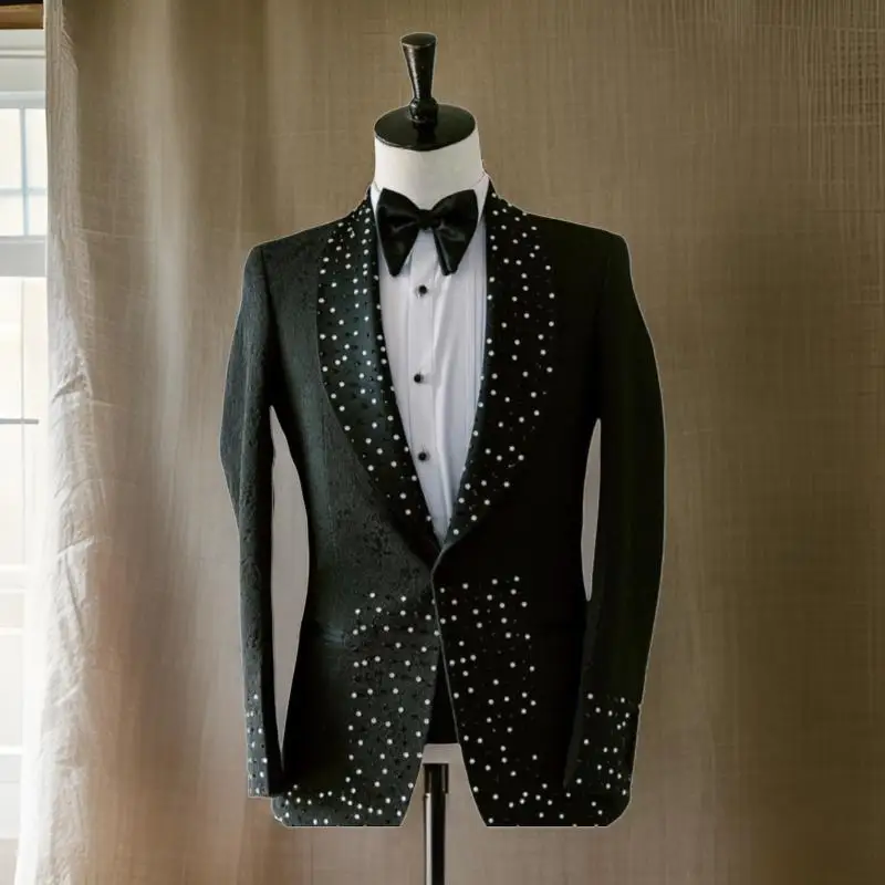 Luxury Beaded Men Suits for Wedding Party 2 Pieces Formal Groom Tuxedo Slim Fit Male Fashion Suit Jacket with Black Pants 2024