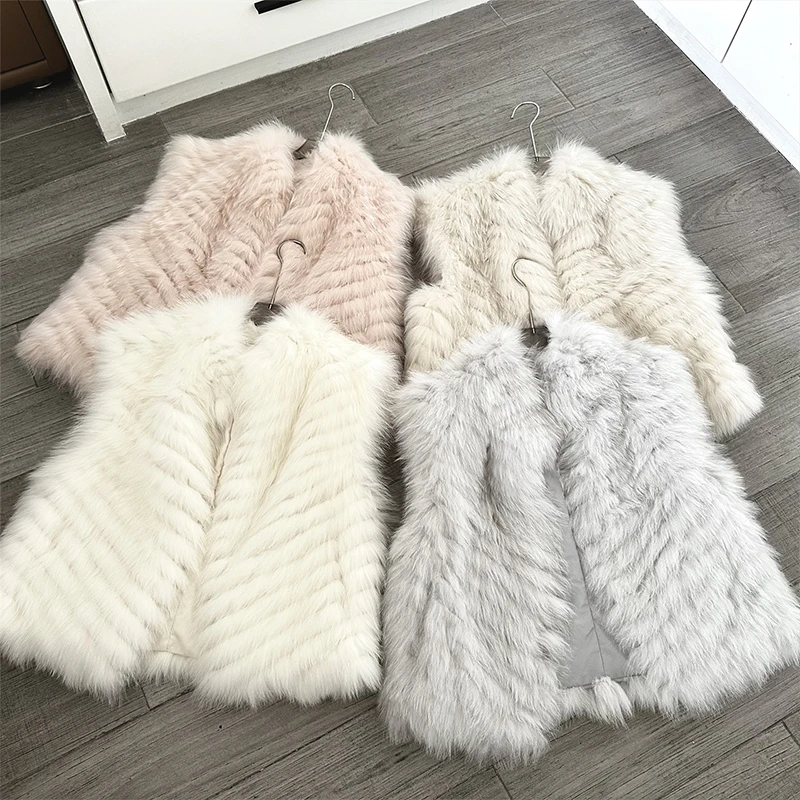 2025 Autumn Winter Warm Women's Vest Real Natural Fox Fur Strip Sewed Toghter Coat Thick Short Waistcoat Luxury Female Jacket