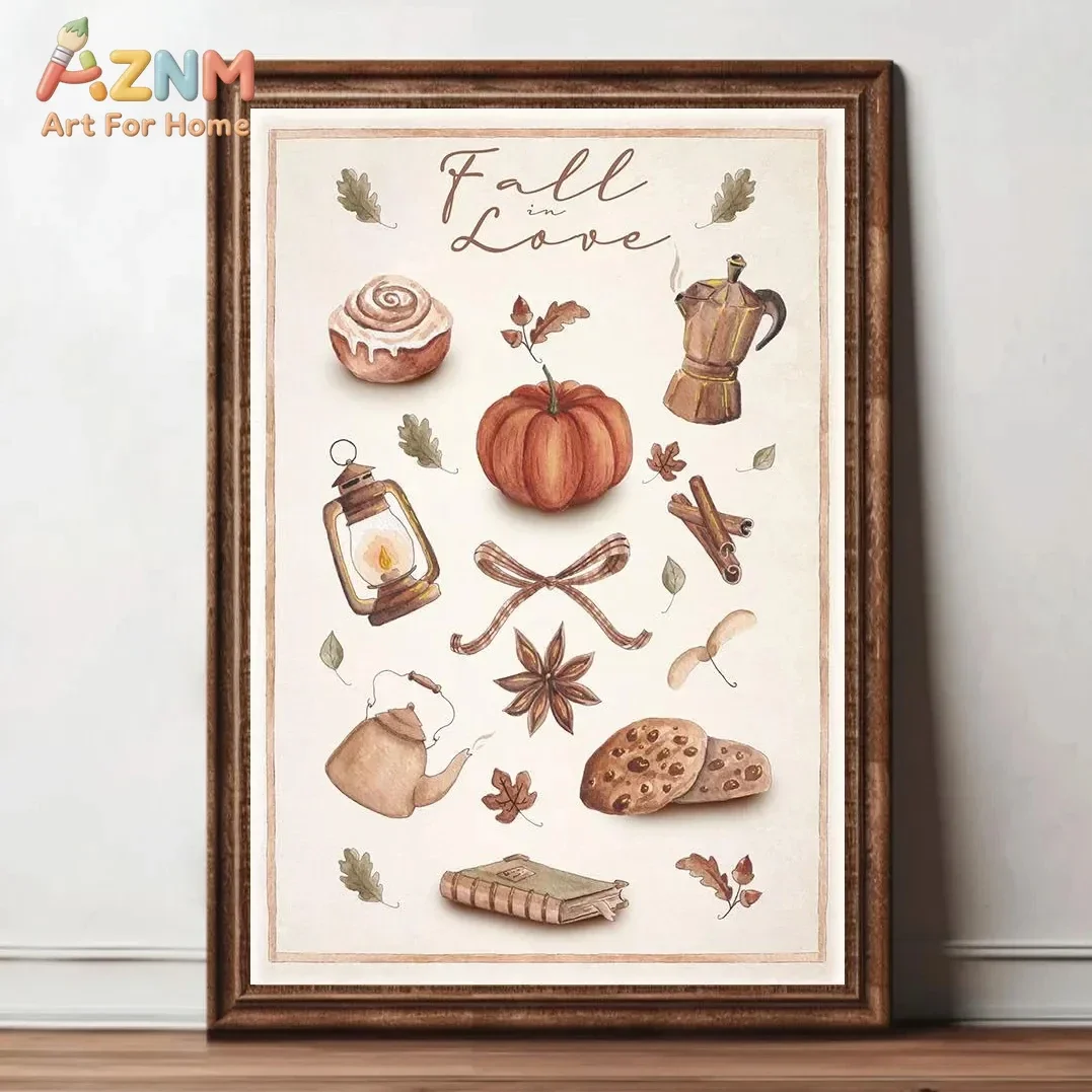 AZNM Fall Pumpkin Canvas Print, Frameless Autumn Harvest Wall Art Poster, Vintage Thanksgiving Pumpkin Home Decor for Living Roo