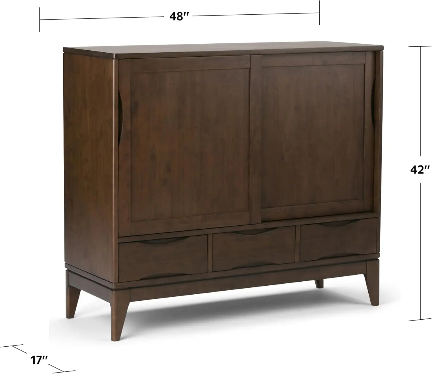 48 inch Wide Mid Century Modern Medium Storage Cabinet in Walnut Brown, with Large Space Behind 2 Sliding Notched Handle Doors