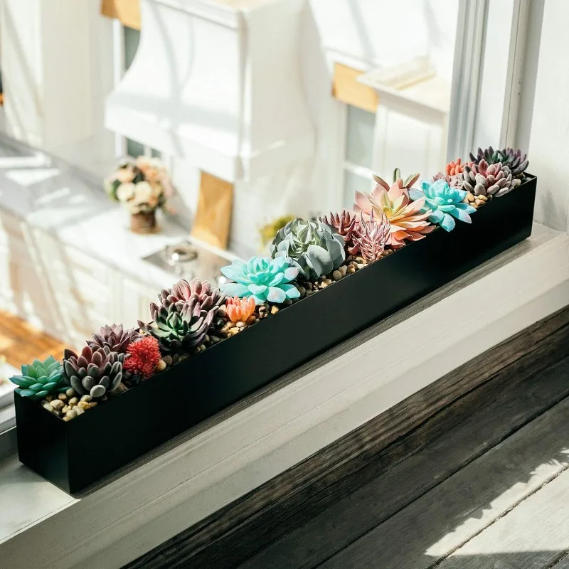 

Modern 32" Rectangle Planter, Metal Window Box for Indoor Sill, Minimalist Trough for Succulent Decor