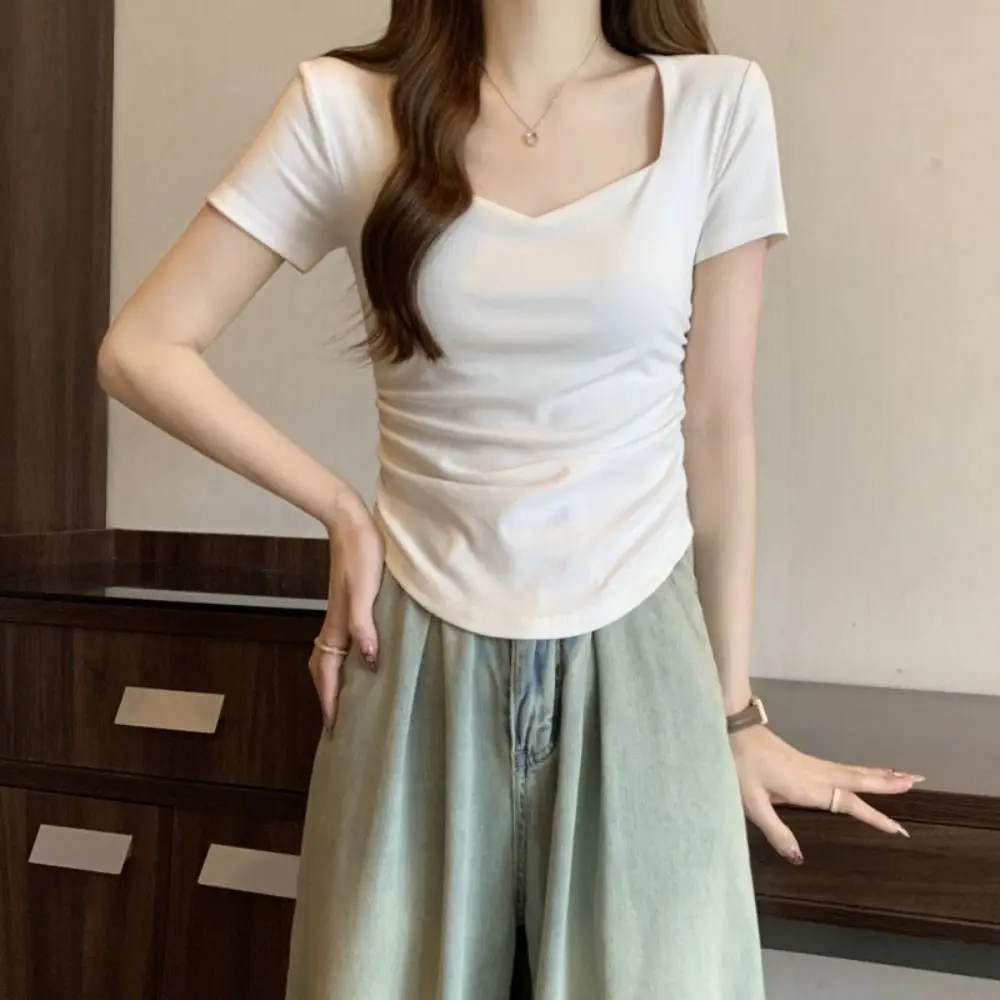 Doux coupe ajustée Y2K culture hauts manches courtes plissé coréen T-shirt femmes vêtements été solide T-shirt court dames