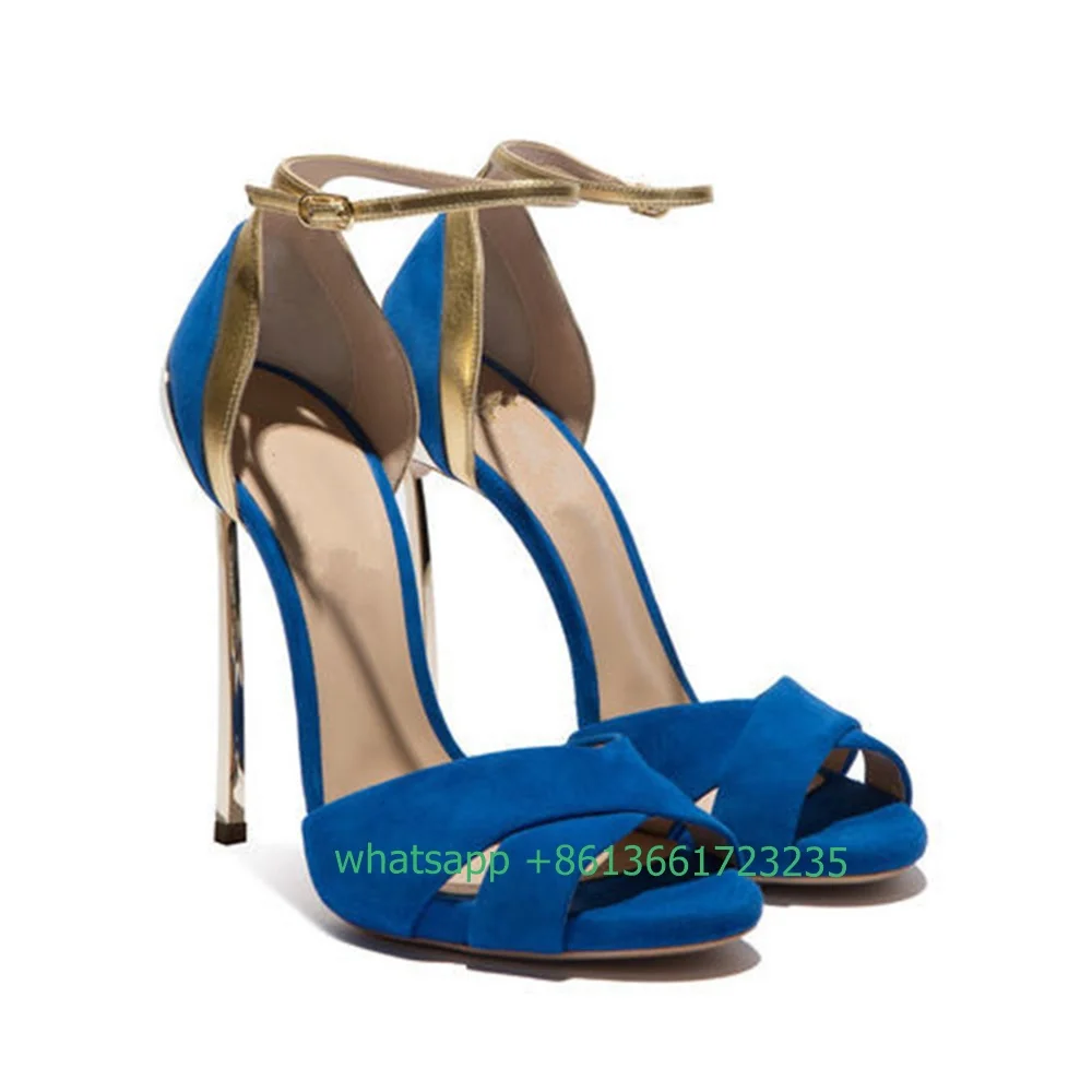 

Blue/gold Mixed Color Sandals Peep Toe Suede Cross Strap Stiletto High Heels Women Fashion Pumps 2025 Summer Gladiator Shoes