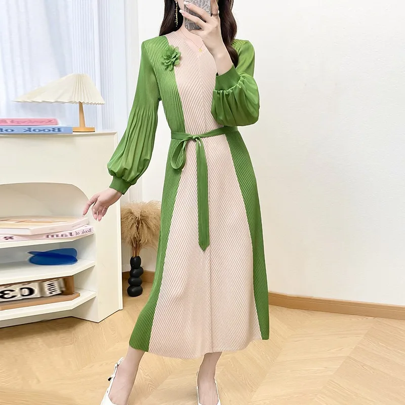 أوروبا جديد مياكي فستان مطوي المرأة طويلة الأكمام مزاجه حجب حجم كبير مطاطا فستان طويل مكتب ركاب الملابس #2