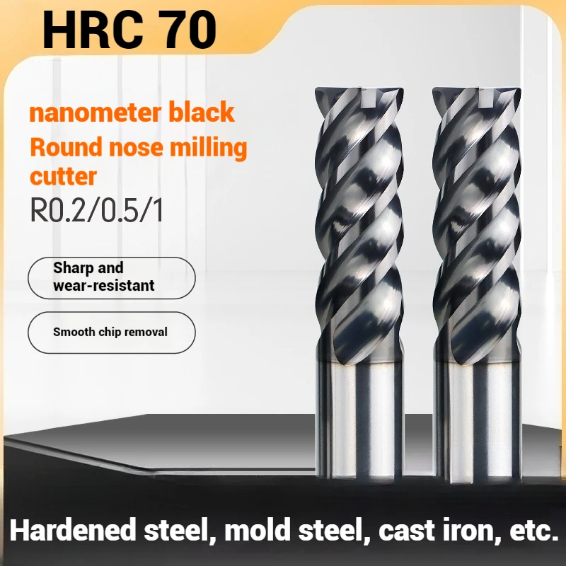 HRC70 HRC62 4 Flutes Carbide End Mill R Bullnose R0 5 R1 R2 R3 70 Degree Metal Cutter Machining Tool