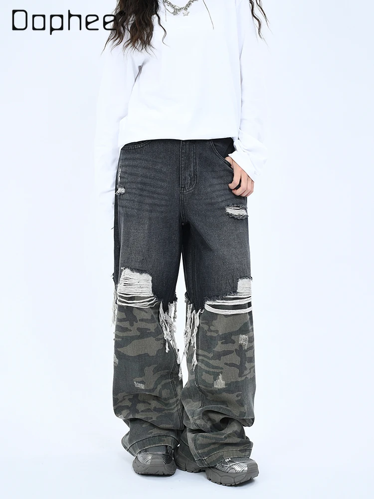 

American Retro Camouflage Ripped Washed Jeans Men and Women Trendy Splicing Baggy Denim Straight Mopping Trousers Street Fashion