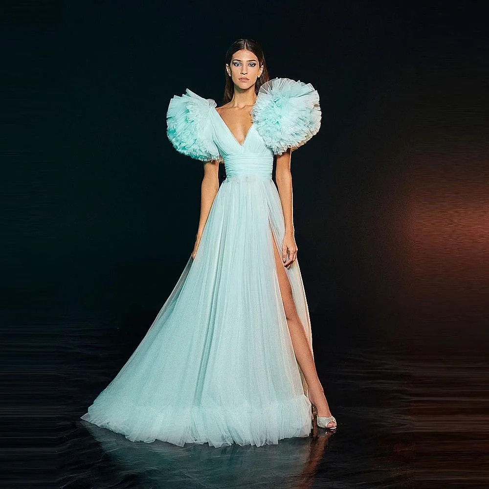 

2026 Spring Summer Tulle Dresses Puffy Sleeves Sexy Deep V Neck High Slit Holiday Birthday Dress Tulle Sexy Gowns