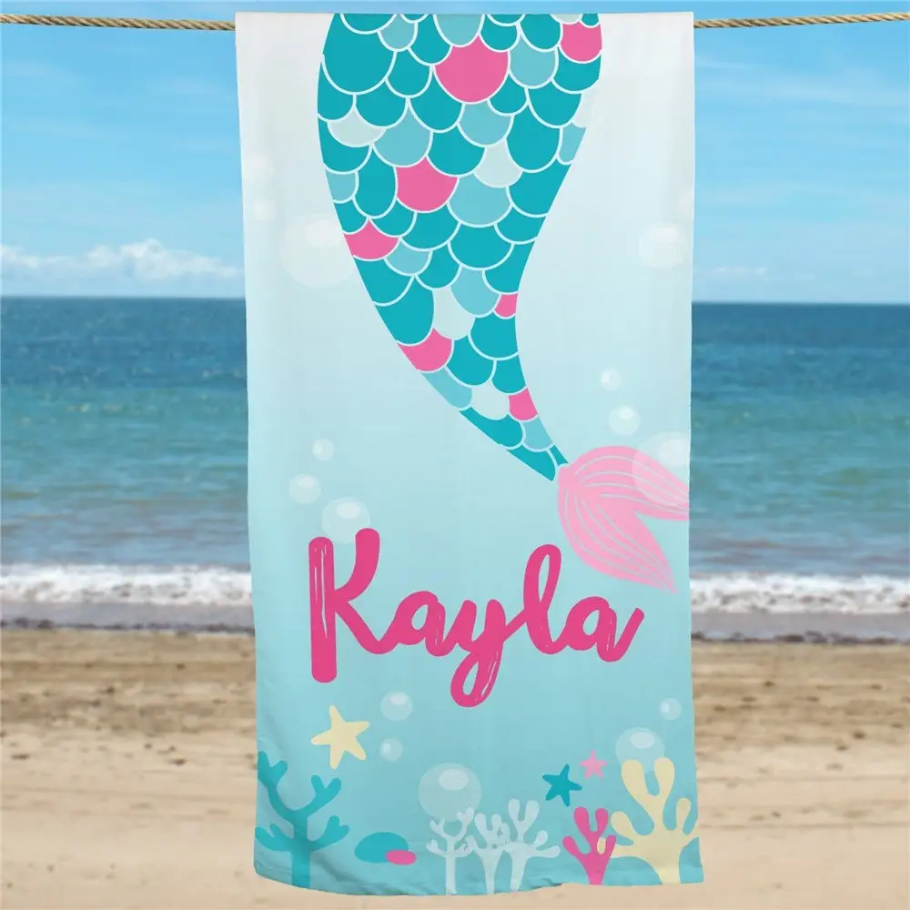 Toalla de playa de cola de sirena personalizada, toalla de gran tamaño para regalo de niña, nombre de viaje, Toalla de baño personalizada, toalla Praty de verano para viaje