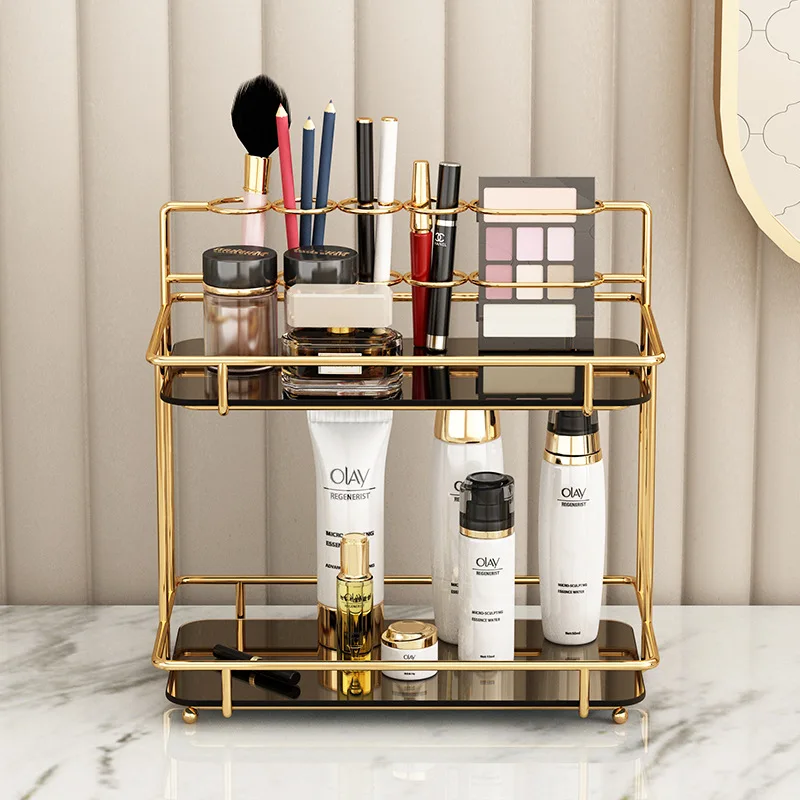 Estante de maquillaje para baño, estante de almacenamiento de cosméticos, organizador multicapa dorado, Accesorios de escritorio y soportes