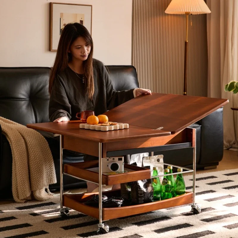 Solid wood coffee table household living room balcony movable folding coffee table