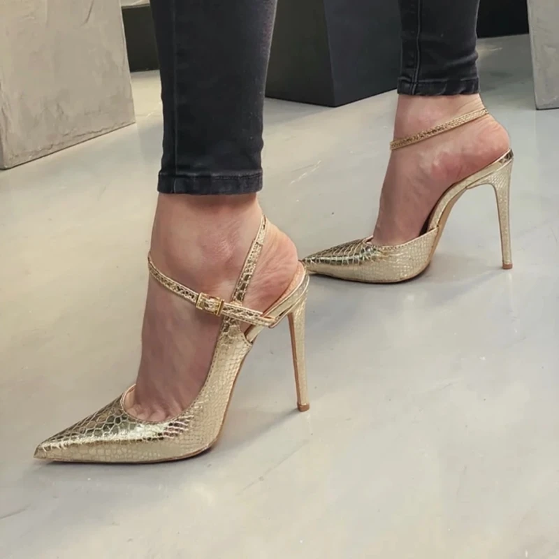 

Gold Side Open Toe High Heels Slingback Sandals Snakeskin Leather Pointed Toe Buckle Strap 12cm Heels Female Dress Shoes