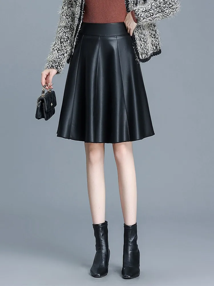 

ZUZK женская короткая юбка из искусственной кожи осень-зима женская универсальная кожаная юбка с высокой талией элегантная офисная женская юбка трапециевидной формы