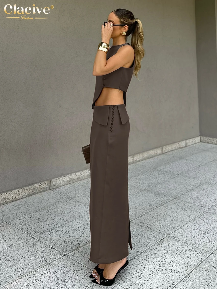 Clacive Summer Slim Brown 2 Piece Sets Woman Outfit 2025 Fashion Sleeveless Crop Top With High Waist Mid Long Skirt Set Female