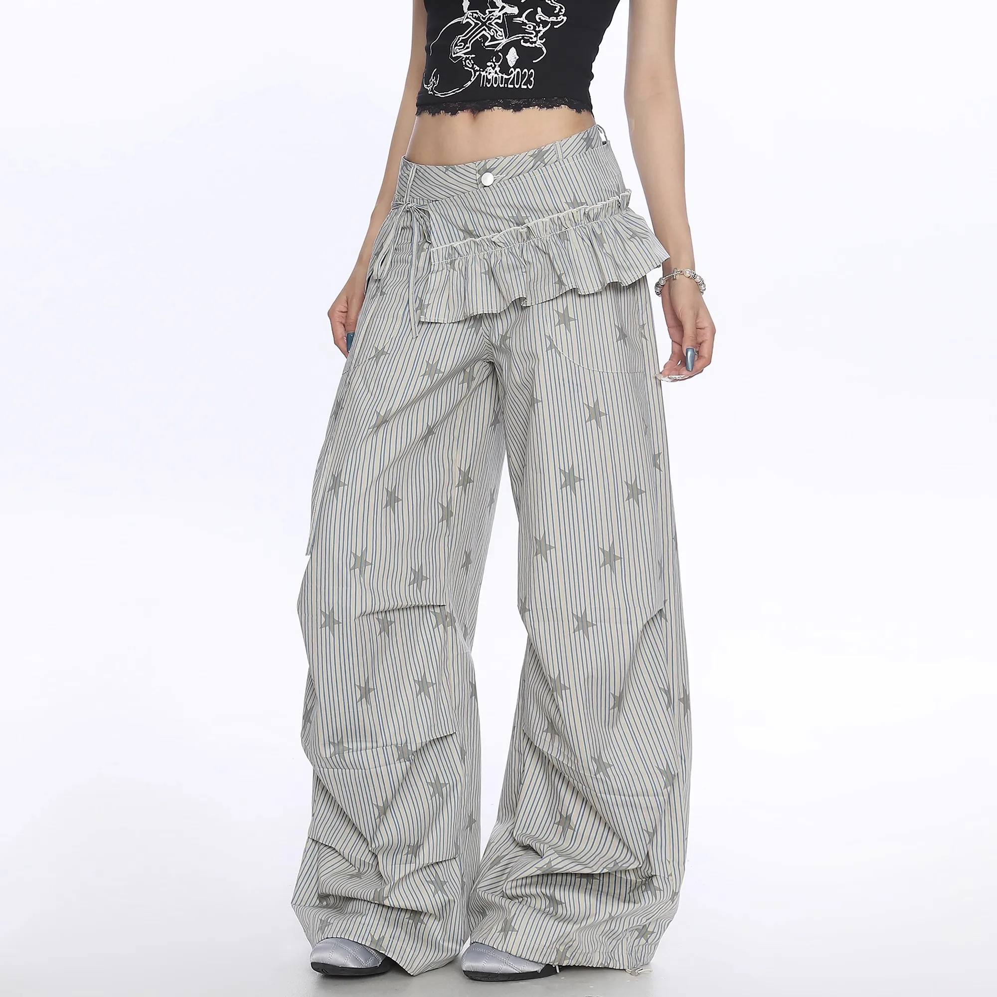 Women's Casual Striped Woven Star Print Wide Leg Pants Casual Stylish Full Length Trousers Y2K Clothes Streetwear