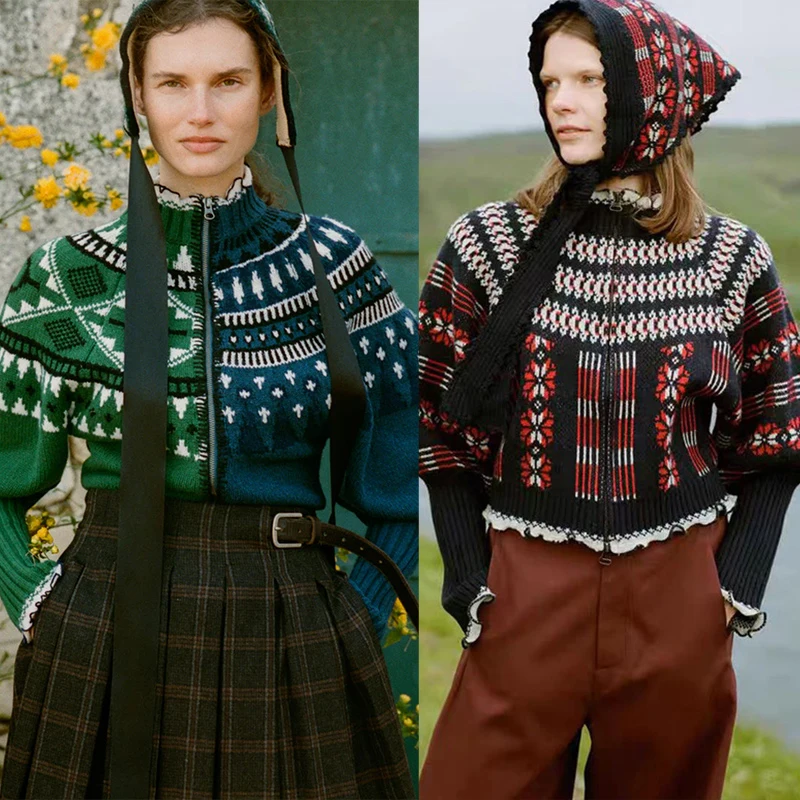 

Autumn Winter Women's Vintage Fair Isle Sweater Double Zipper Lantern Sve Stand Collar Commute Sle Long Sve Knitwear