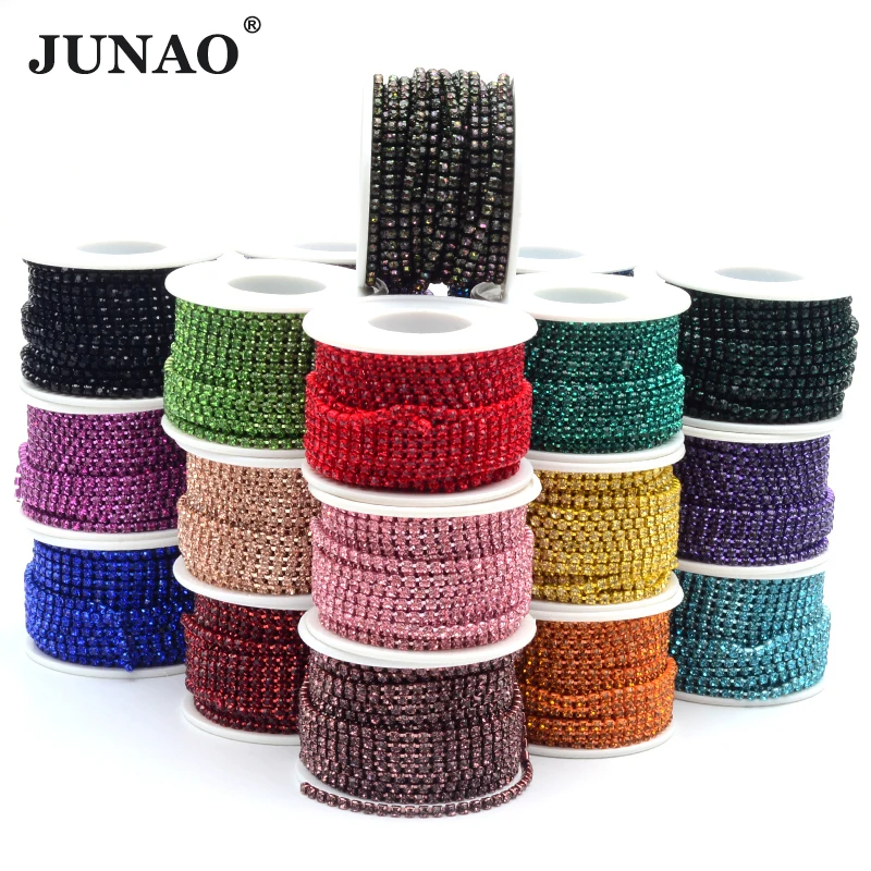 JUNAO 10Yard SS6 SS8 SS12 SS16 Sewing Colorful Glass Rhinestone Chain Crystal Cup Trim Strass Ribbon For Clothes Accessories