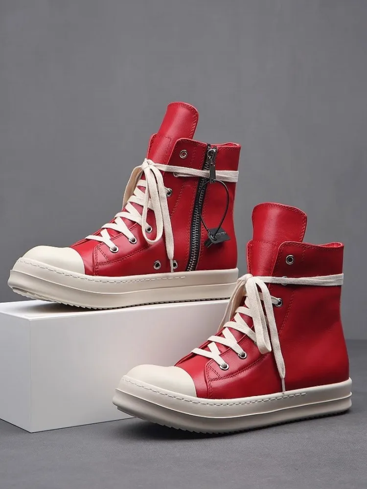 Red High Quality Cowhide Round Toe Zipper Male Hard-Wearing High Top Sneakers Youth Trend Genuine Leather Lace-Up Casual Shoes
