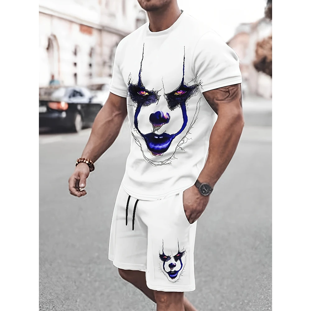 2024 3D printed fashionable solid color men\'s short sleeved shorts set with clown pattern summer casual home travel set