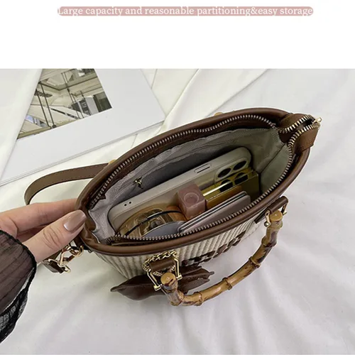Imagen 2 del producto Bolso bandolera para mujer, cesta tejida de fibra de bambú, bolso tipo cubo de agua con cierre de cremallera, versátil para ocasiones informales y formales
