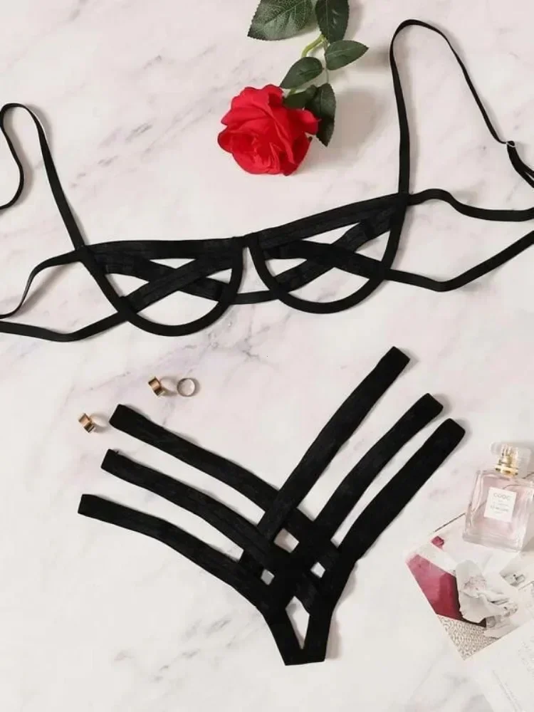 Bondage Harness Lingerie Set Womens Elastic Hollow Out Bra Sets Black Cupless Cage Bra Thong Sexy Intimates Exotic Underwear