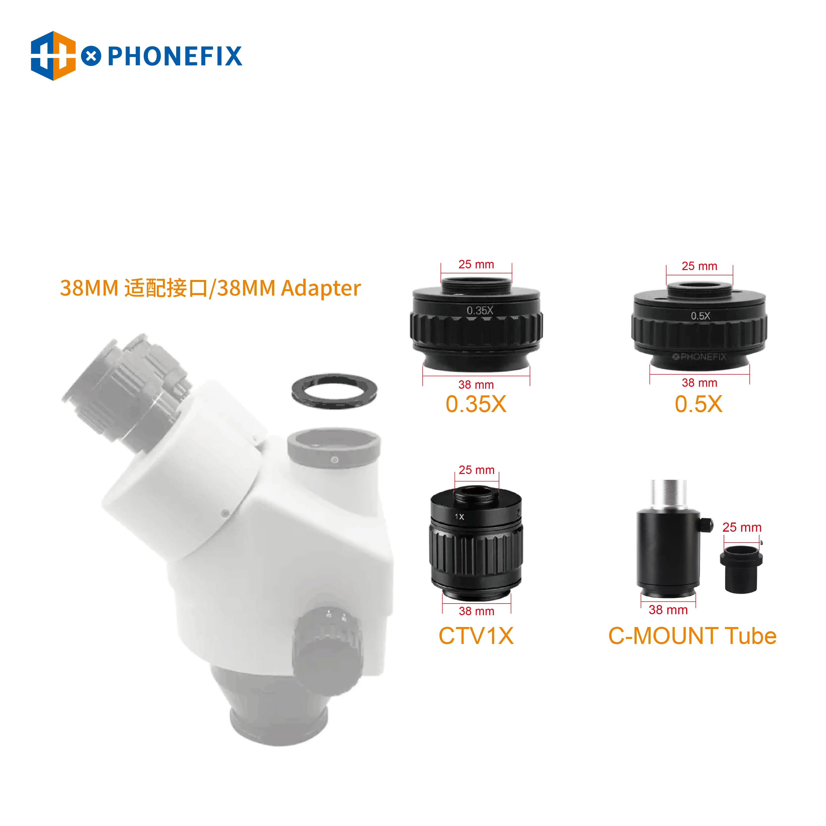 Adaptador de cámara ajustable para microscopio estéreo Trinocular, adaptador de montaje en C de anillo 1X 0,35x 0,5X, Instalación en C