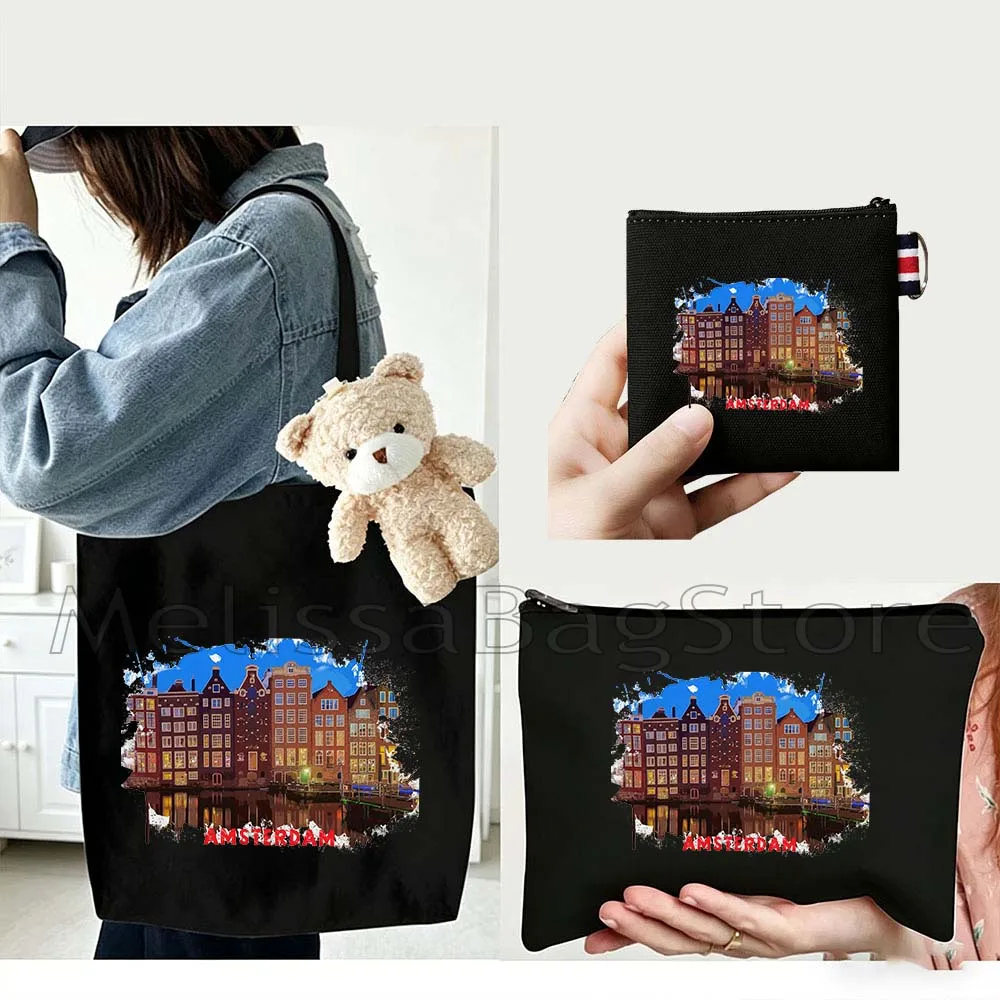 

4PCS Gift Set Amsterdam Netherlands Black Canvas Tote Bag Handbag with Doll Key Coin Purse Cosmetic Makeup Toilet Bag Case Pouch