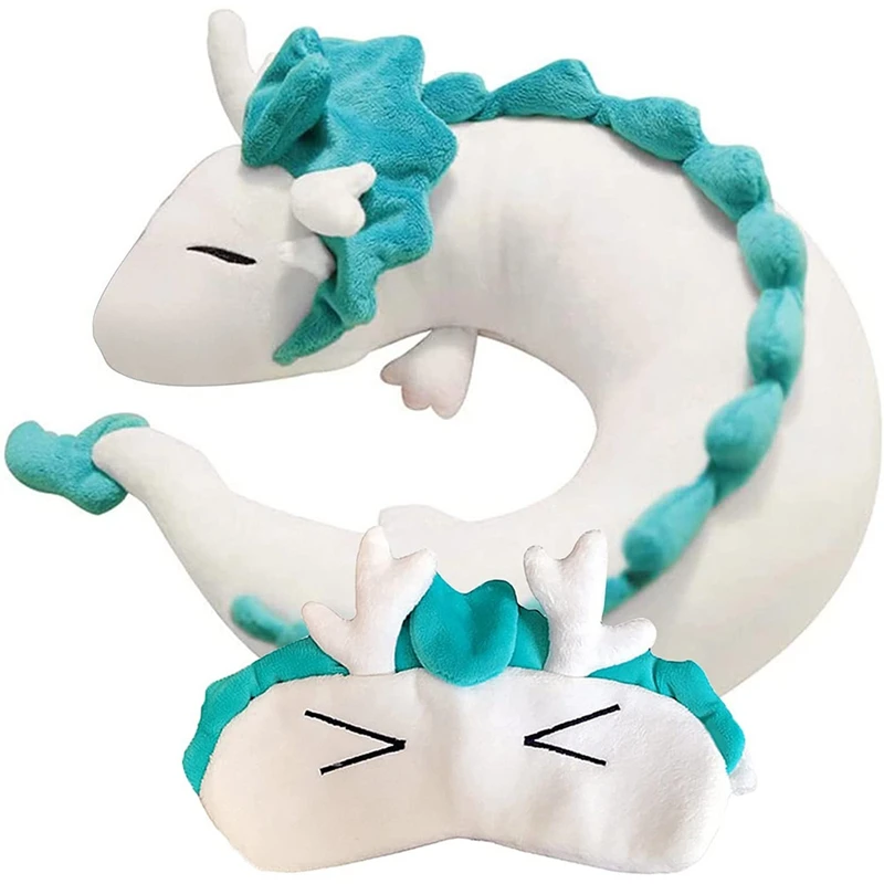 Cute White Dragon Neck Pillow, Japanese Animation Plush Animal Neck Pillow, Animal Body Flying Pillow With Sleep Goggles