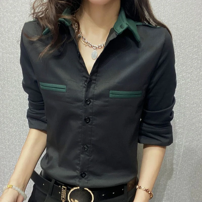 Camisa de manga larga con cuello de Polo para mujer, blusa elegante de retazos a rayas, moda Vintage, Tops jóvenes delgados coreanos, ropa nueva de